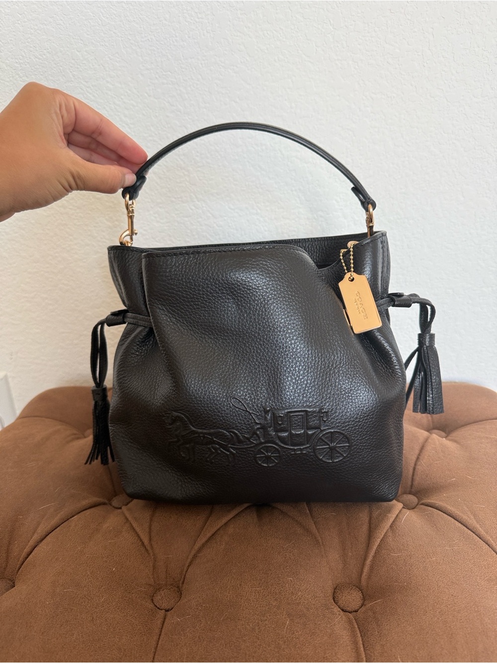 Coach Black Pebble Leather Shoulder Bag with Tassels